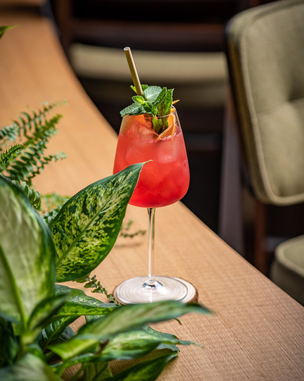 Red cocktail garnished with mint and orange peel beside plants