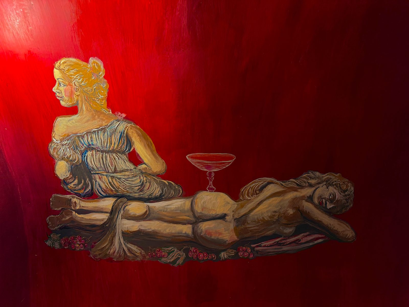 Painting of two classical-style figures and a cocktail glass on a red background at Adelphi Art House
