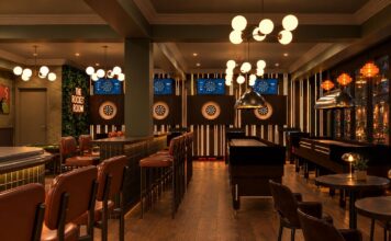 Visualisation of the Rocket Room games area, with AI darts lanes, shuffleboard tables, pool and bar seating