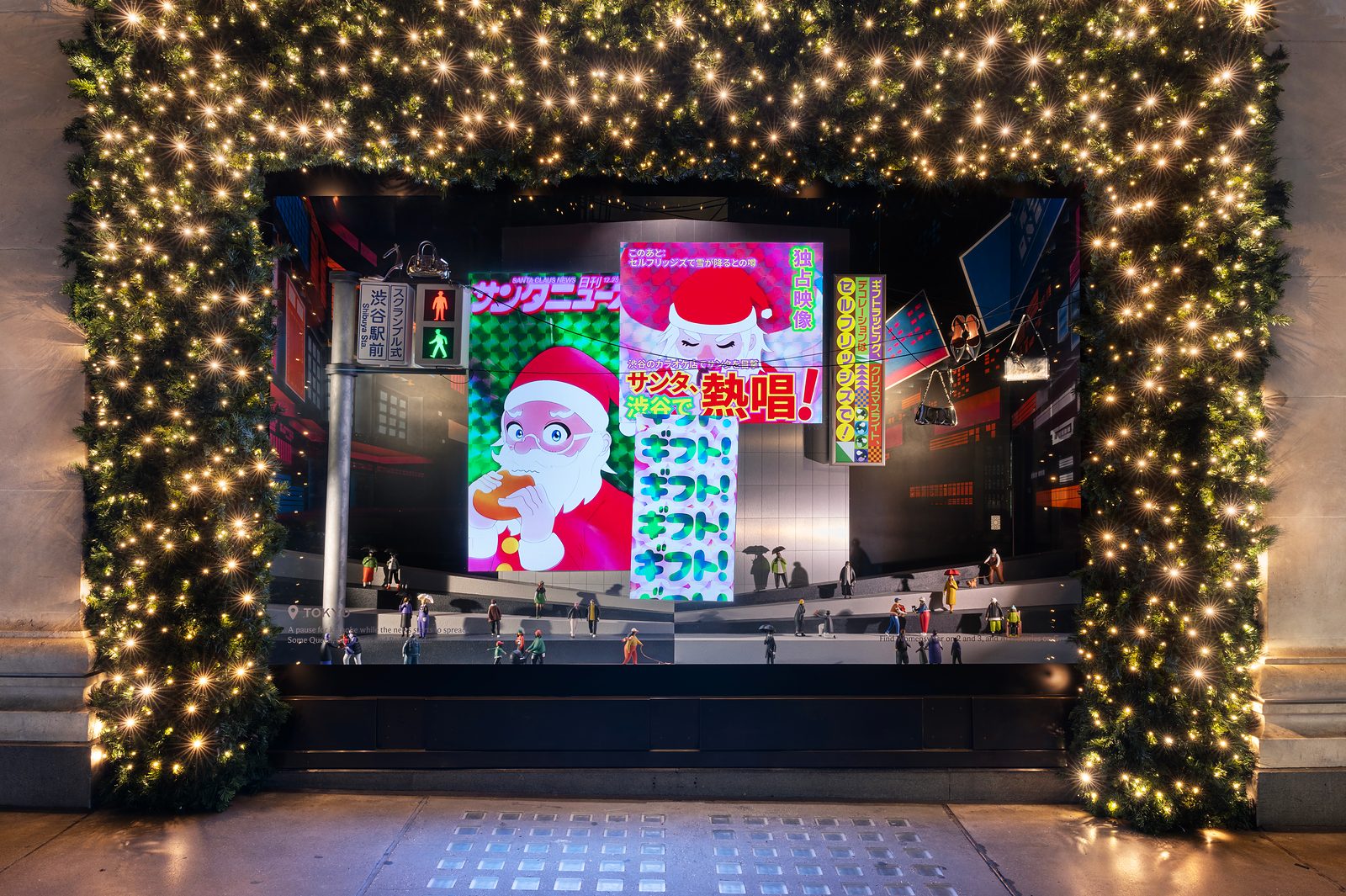 Selfridges' Tokyo Christmas window, a neon street scene with a large screen showing Santa above model pedestrians